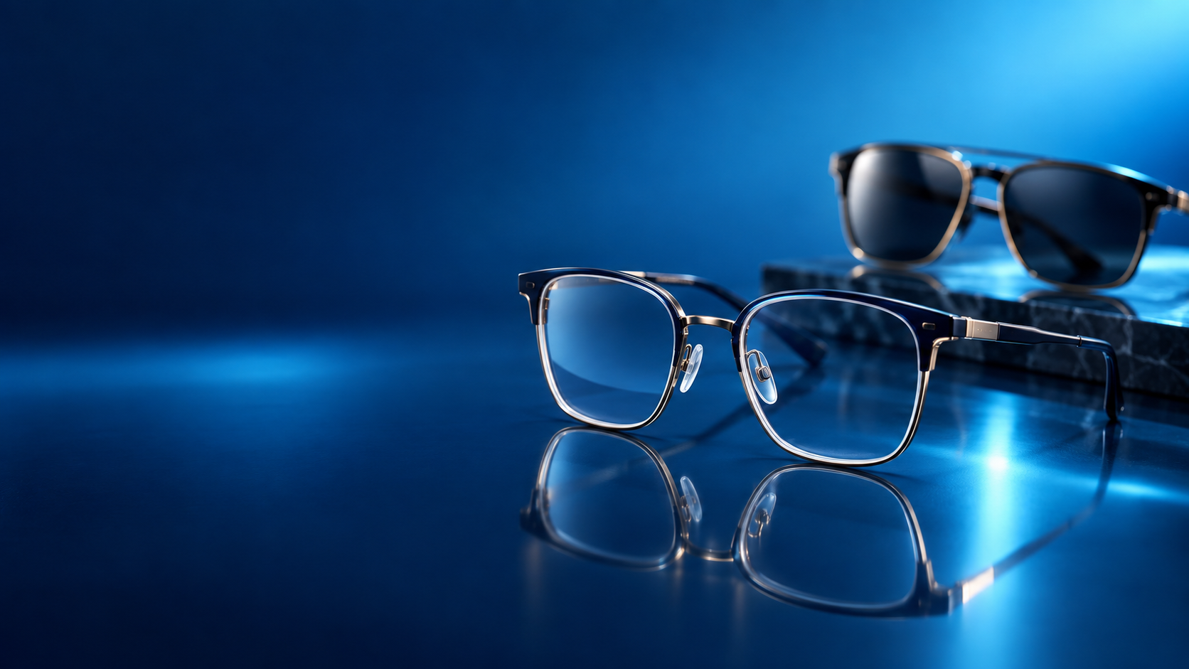 Premium eyeglasses displayed under blue studio lighting