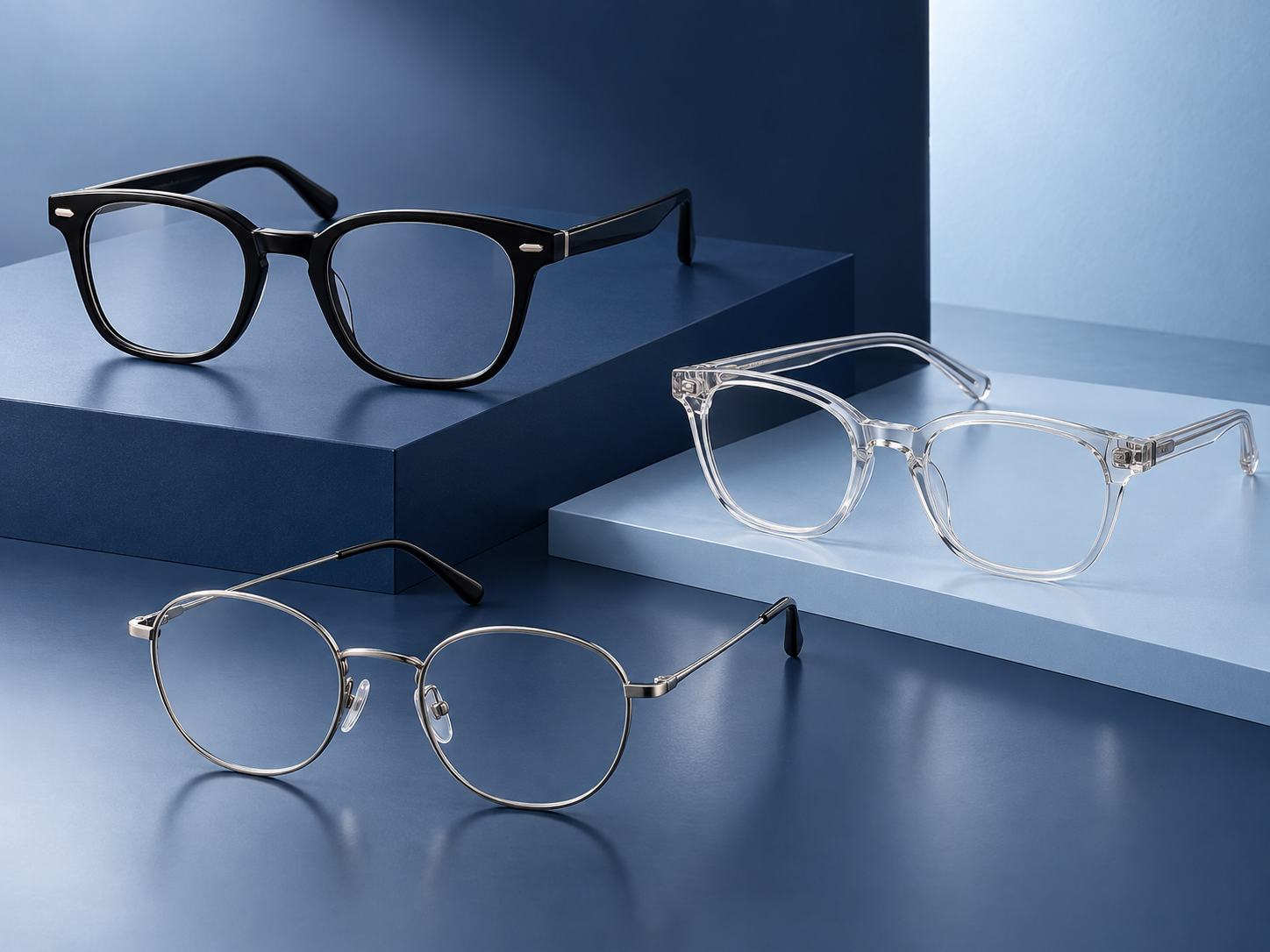 Premium eyeglass frame collection in black, clear acetate and metal finishes