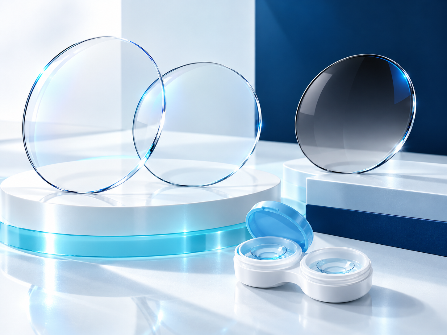 Premium spectacle and contact lens collection with blue optical reflections